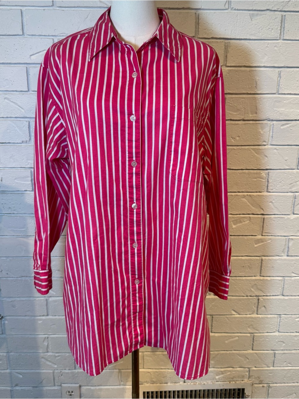 Vintage 90s Forenza Oversized Pink Striped Shirt Womens M